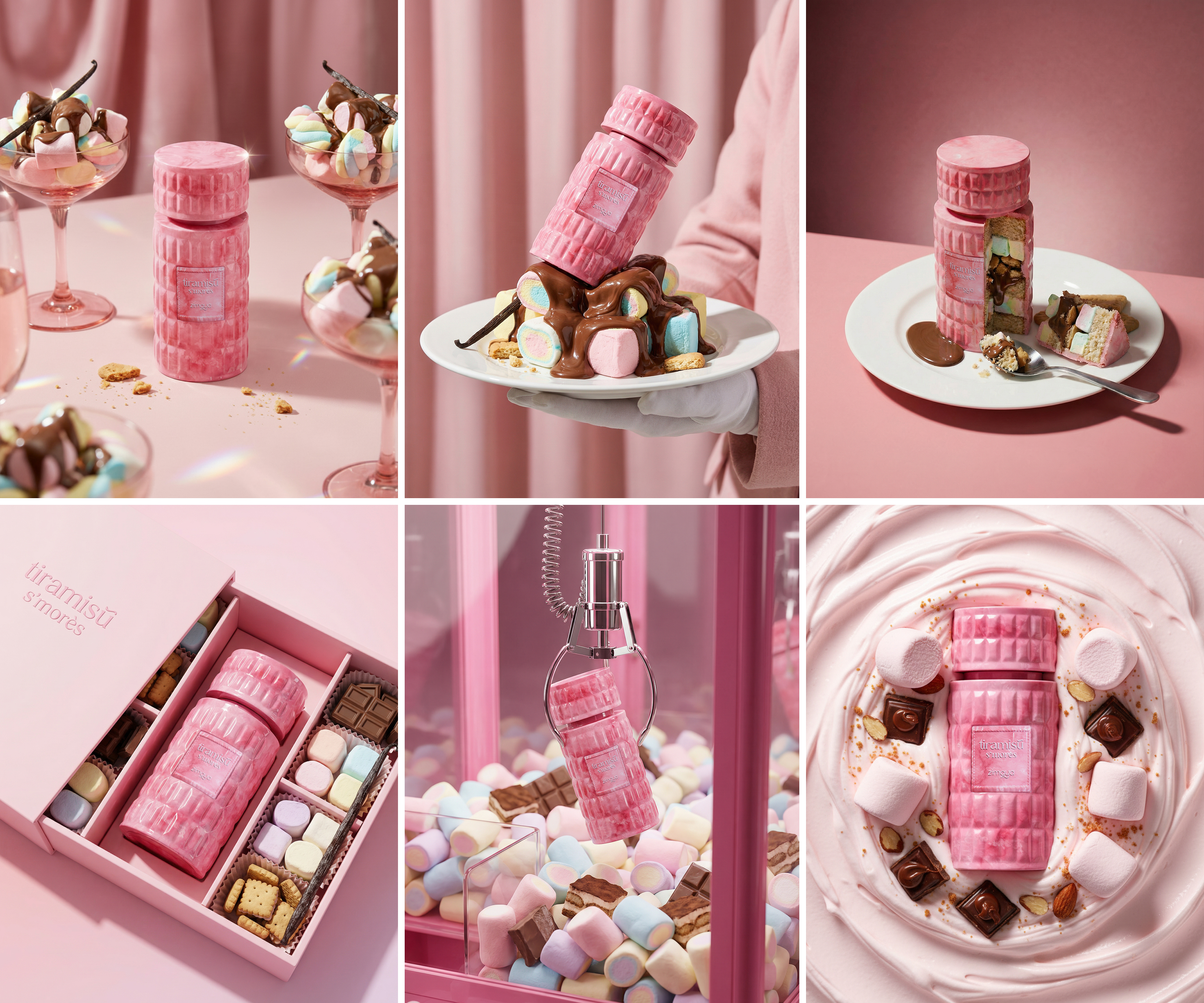 Six-image Tiramisu S’mores Instagram grid featuring the pink Zimaya bottle with marshmallows, chocolate and dessert-inspired scenes