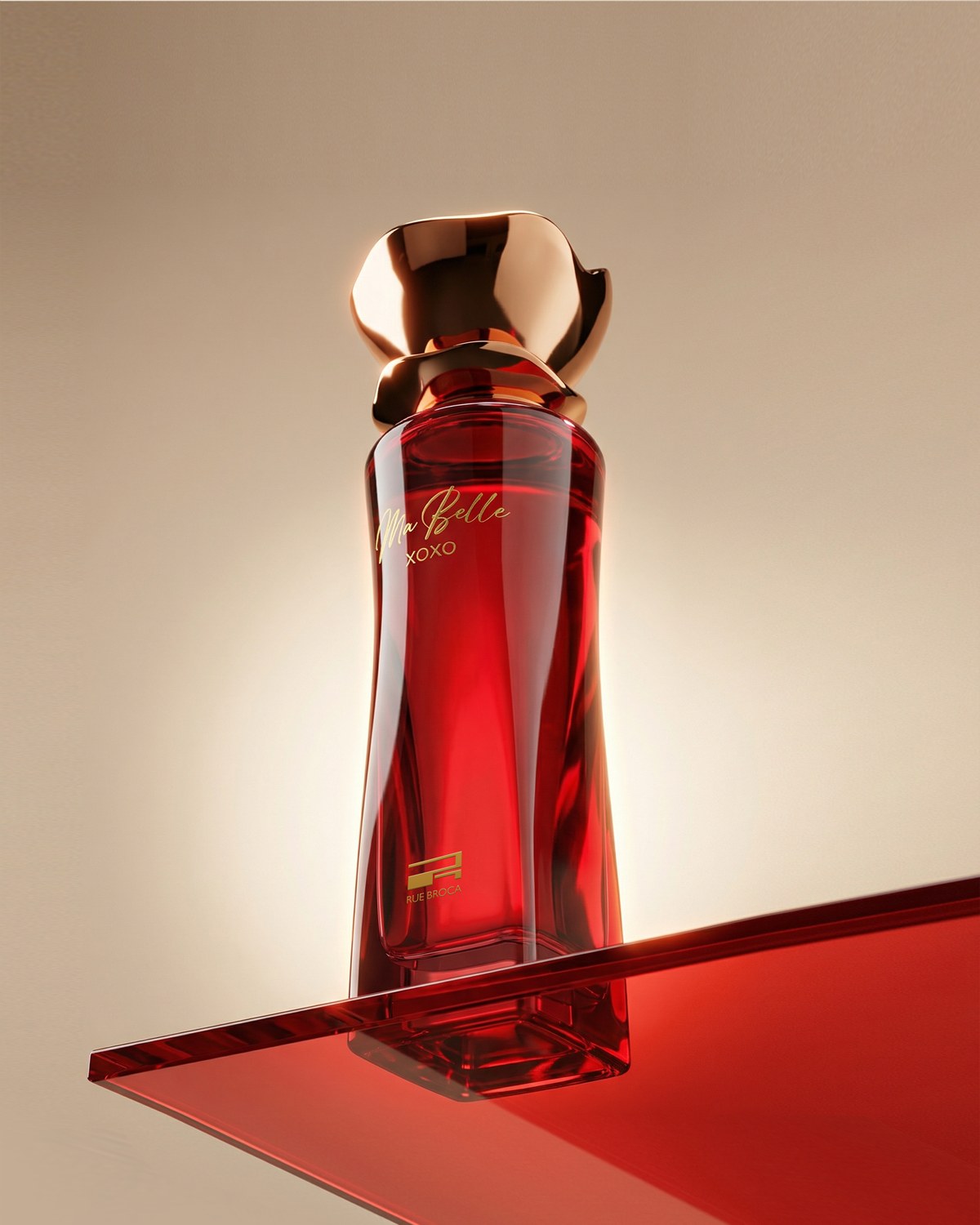 Rue Broca red perfume bottle casting a long shadow across a cream and red backdrop — AI perfume imagery by The Media Lab.