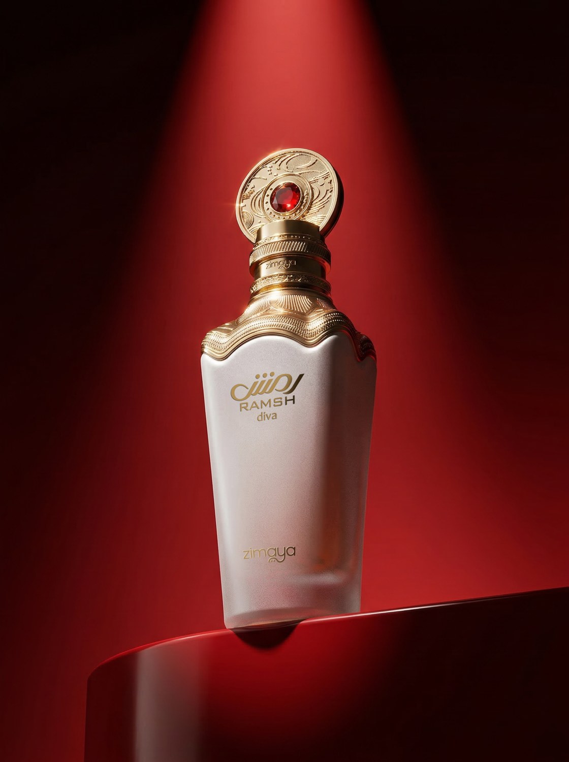 Ramsh Pour Femme perfume on a red pedestal beneath a dramatic spotlight — AI perfume imagery by The Media Lab.