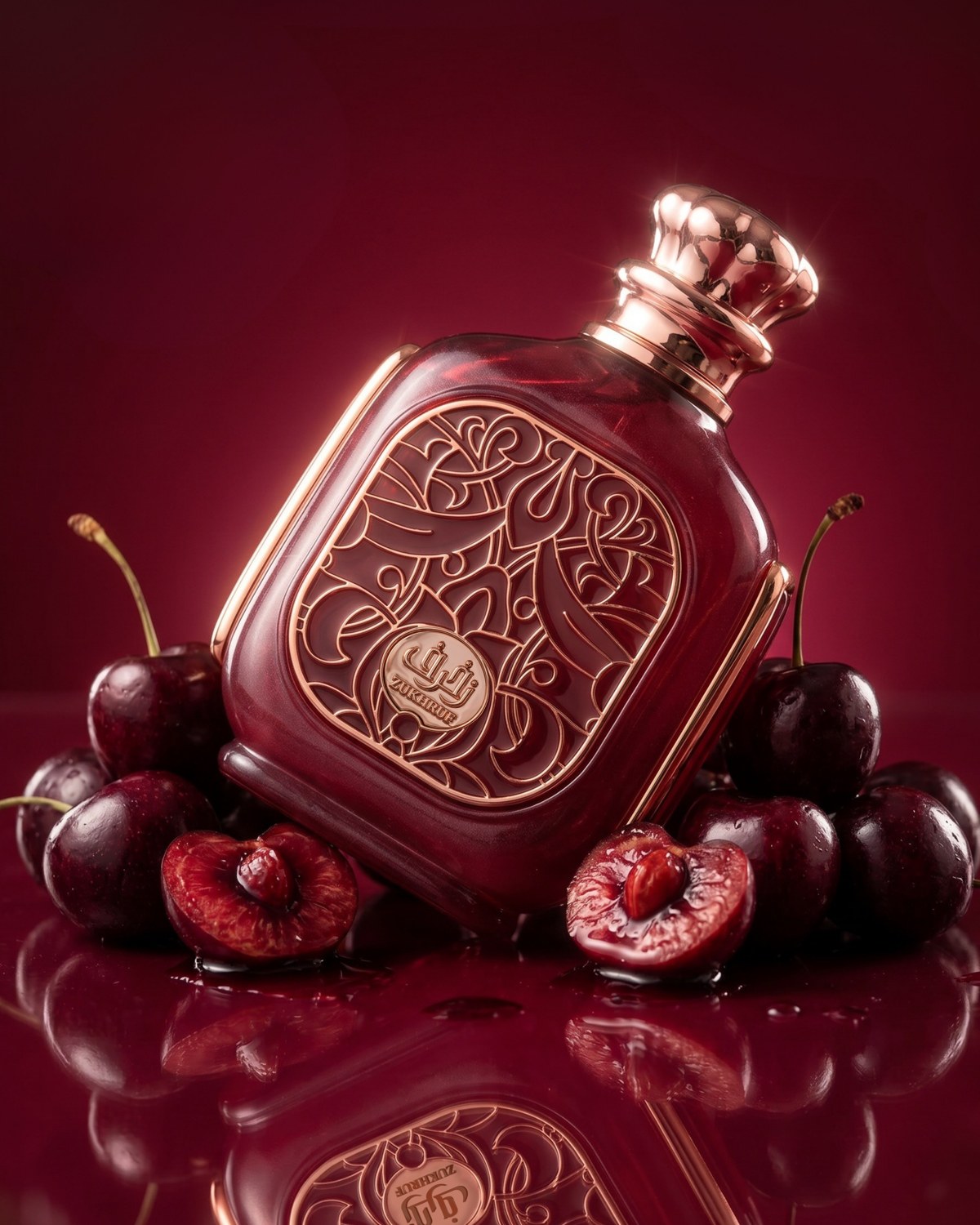 Zukhruf Cherry perfume surrounded by cherries on a glossy burgundy surface — AI perfume imagery by The Media Lab.