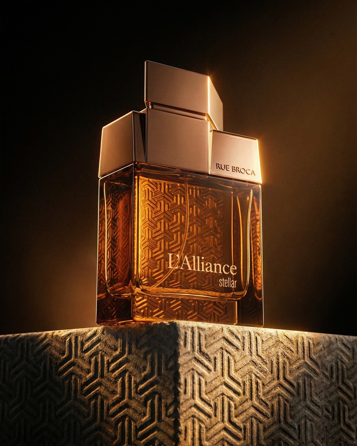 Rue Broca L’Alliance amber perfume on a patterned gold pedestal against a dark backdrop — AI perfume imagery by The Media Lab.