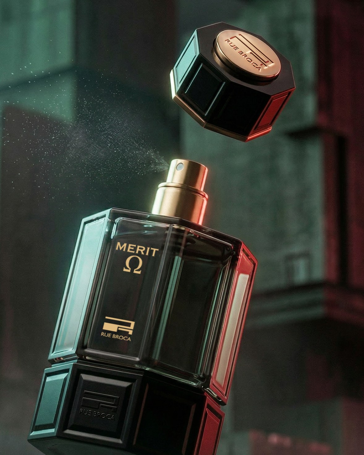 Merit Omega green perfume bottle with a floating cap against a moody green background — AI perfume imagery by The Media Lab.