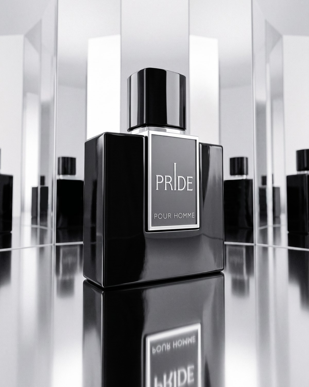 Pride Pour Homme black perfume bottle among mirrored silver columns — AI perfume imagery by The Media Lab.