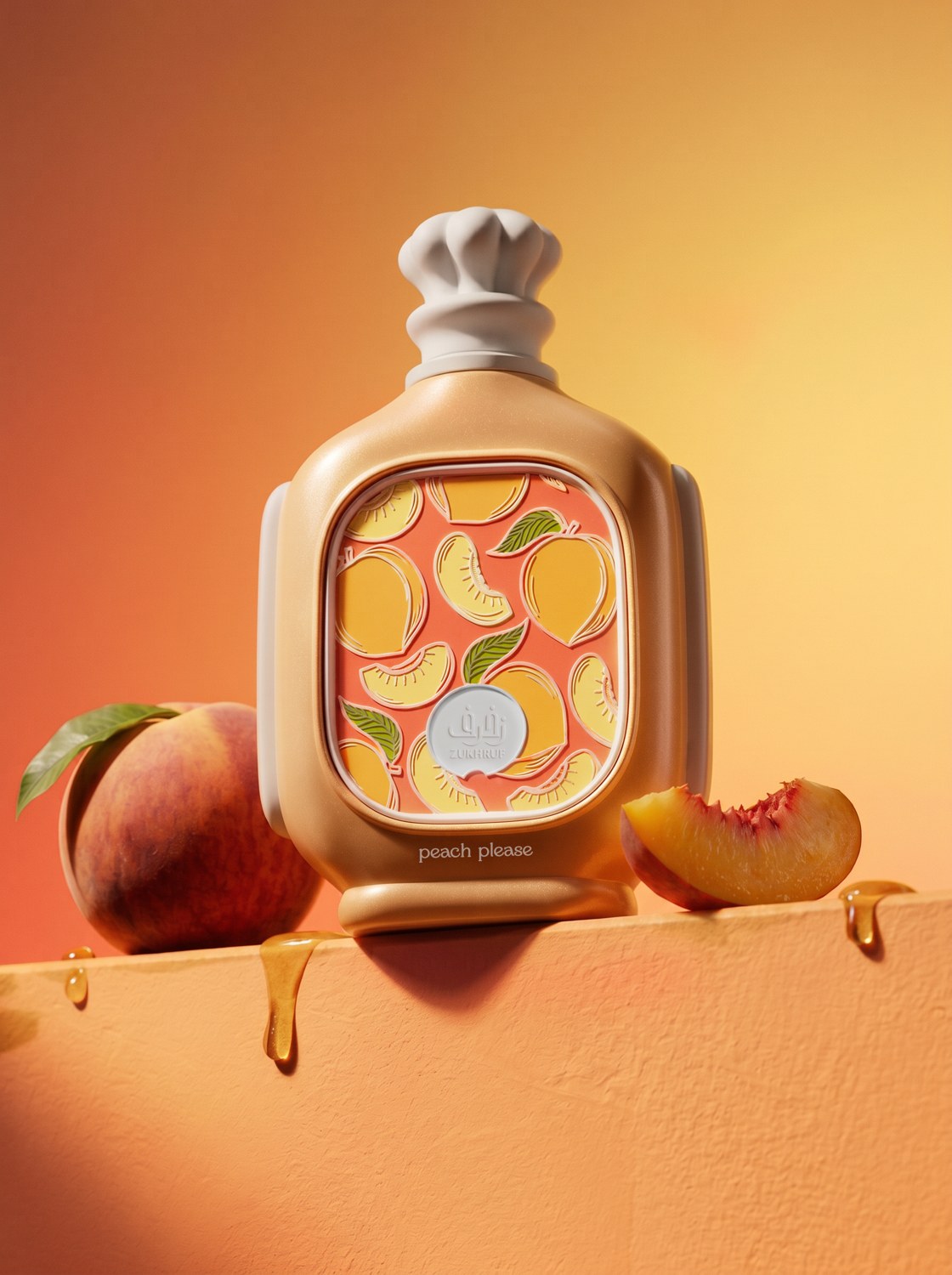 Zukhruf Peach Please perfume with peach slices against a warm orange background — AI perfume imagery by The Media Lab.