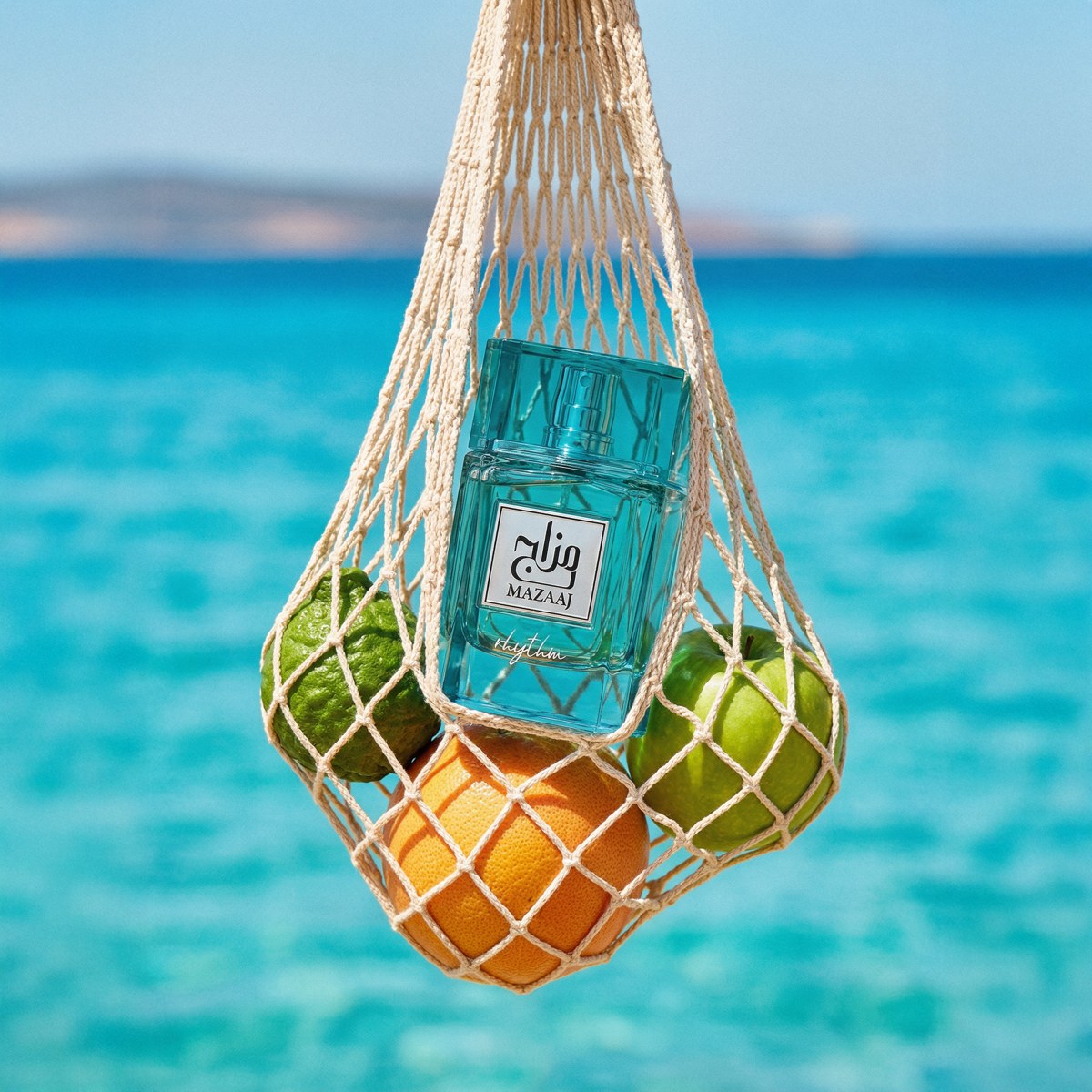 Mazaaj Rhythm perfume and citrus fruit in a net bag above turquoise water — AI perfume imagery by The Media Lab.