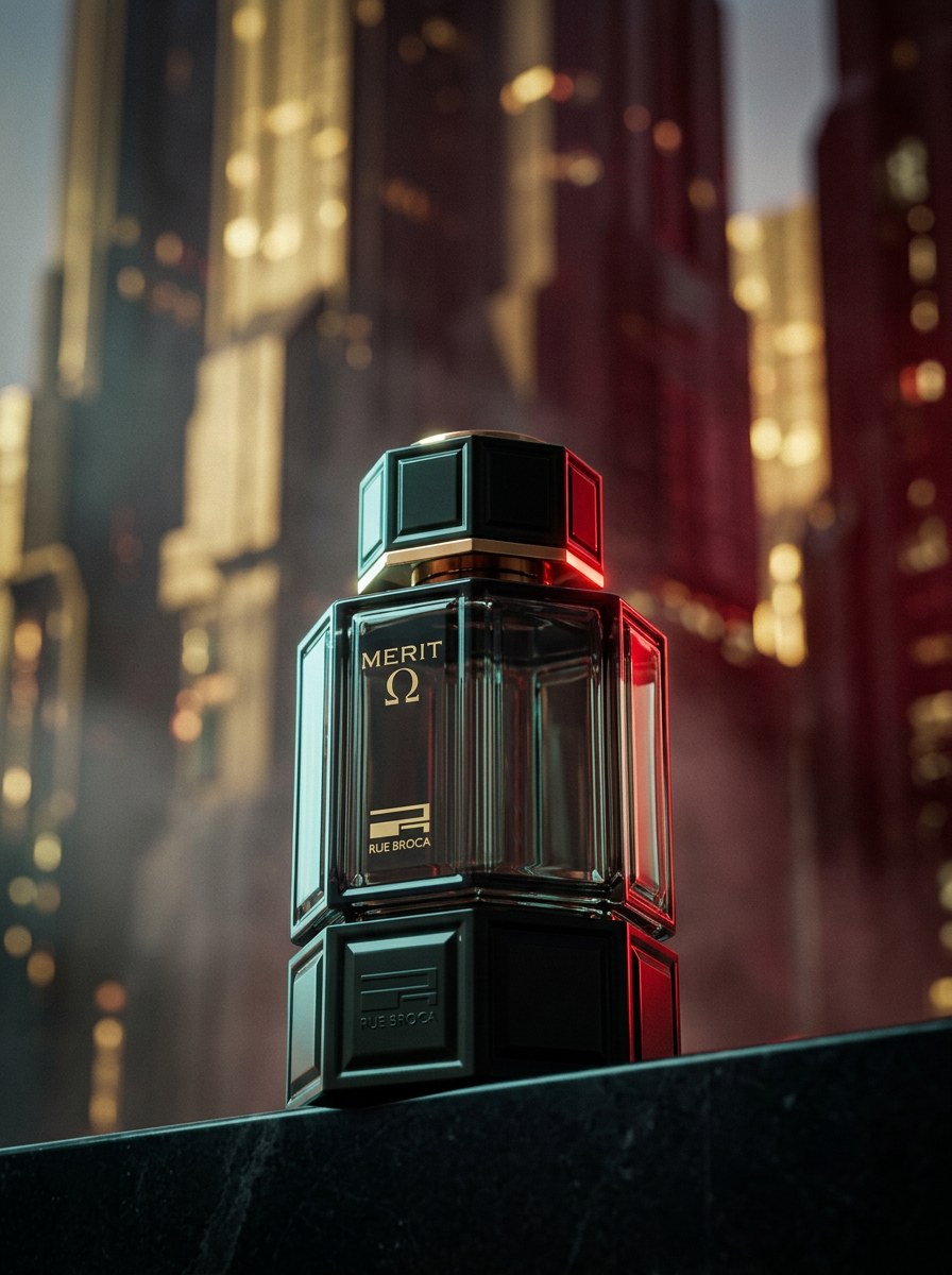 Merit Omega green perfume on a dark ledge with warm architectural lighting — AI perfume imagery by The Media Lab.