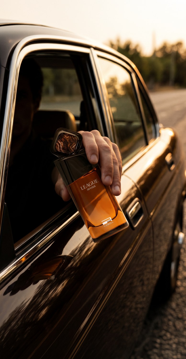 A hand holding League Arena perfume beside a car in golden evening light — AI perfume imagery by The Media Lab.