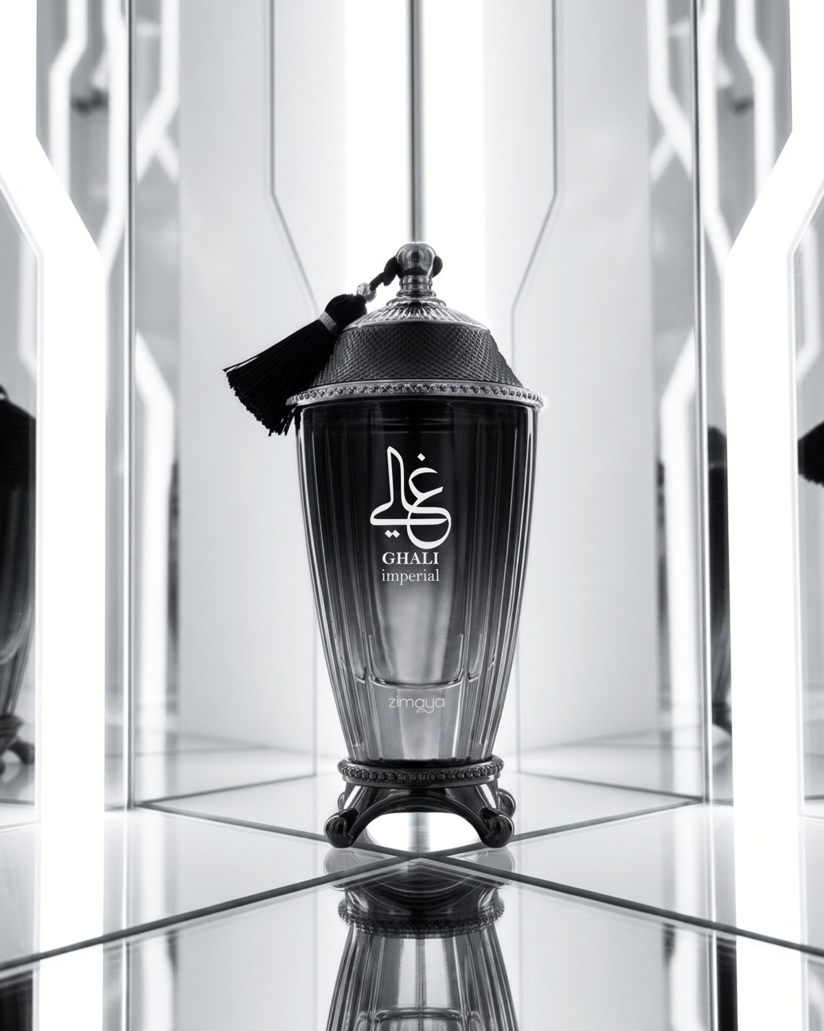 Ghali Imperial black perfume bottle framed by reflective silver architecture — AI perfume imagery by The Media Lab.