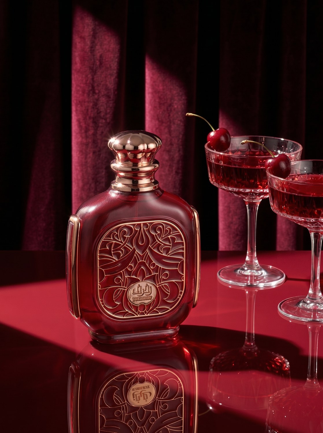 Zukhruf Cherry perfume beside cherries and glassware against burgundy curtains — AI perfume imagery by The Media Lab.
