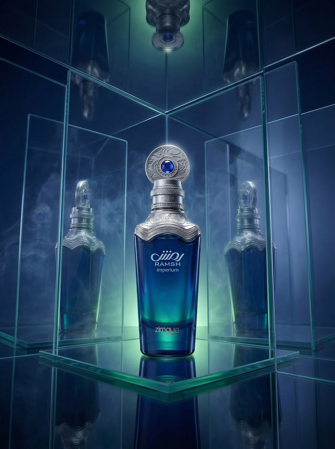 Ramsh Pour Homme blue perfume displayed in an illuminated glass setting — AI perfume imagery by The Media Lab.