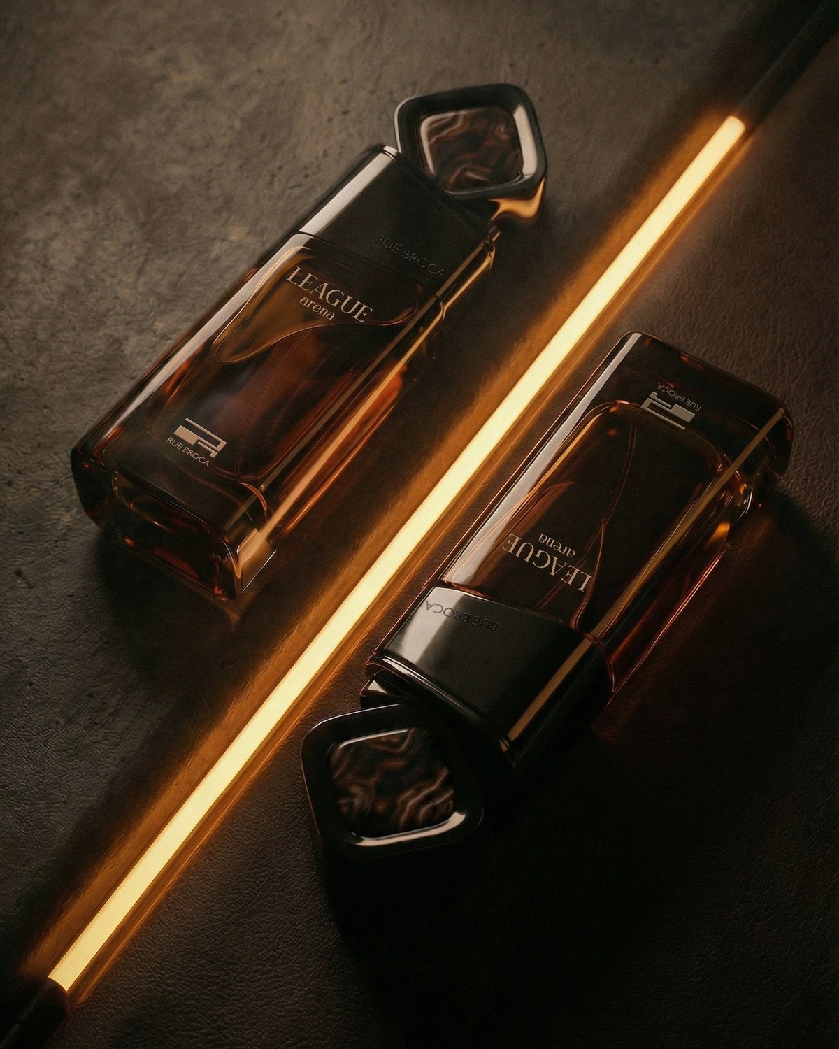 Dark Rue Broca perfume bottles arranged along diagonal amber light strips — AI perfume imagery by The Media Lab.