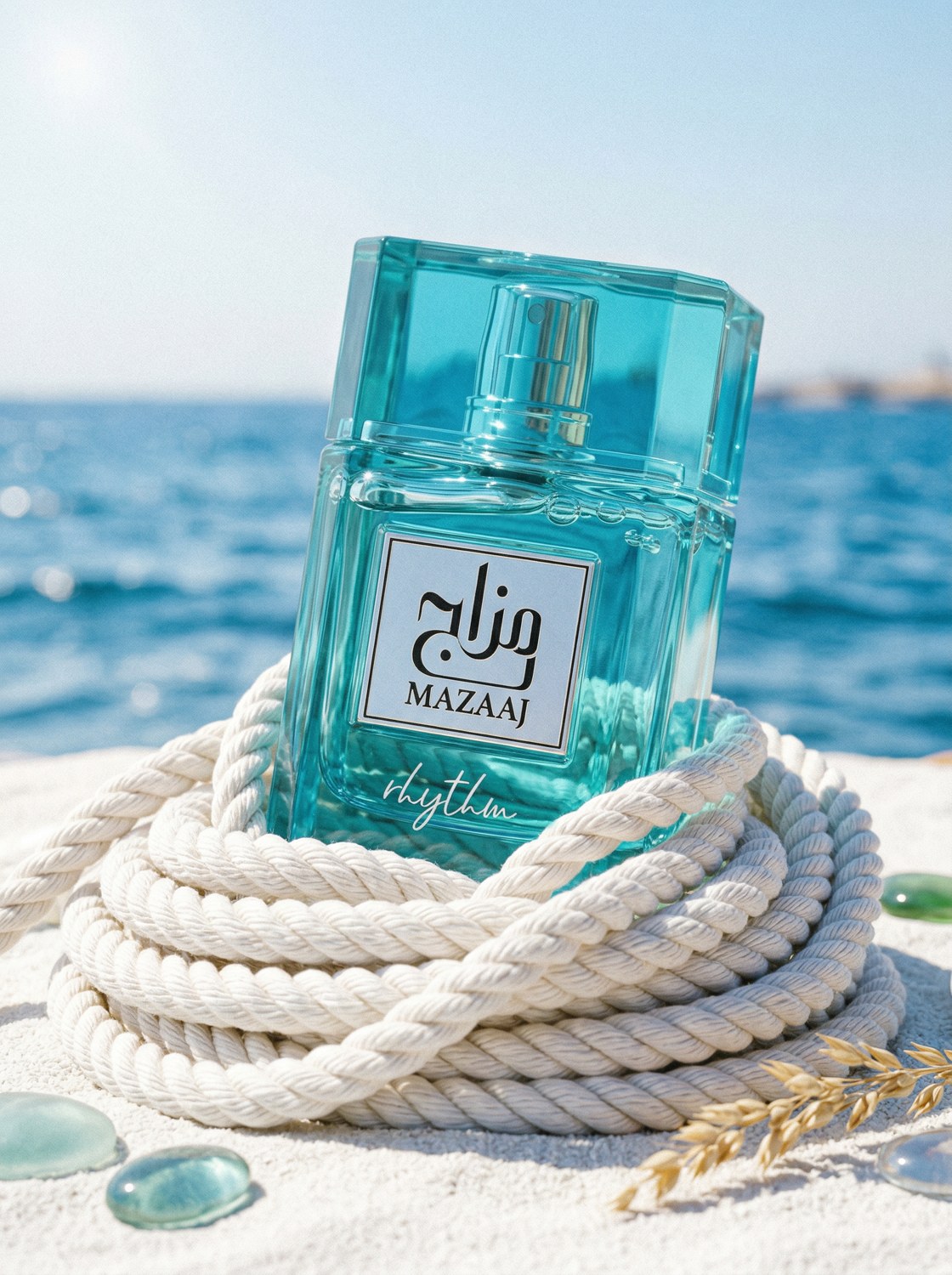 Mazaaj Rhythm turquoise perfume on coiled white rope beside the sea — AI perfume imagery by The Media Lab.