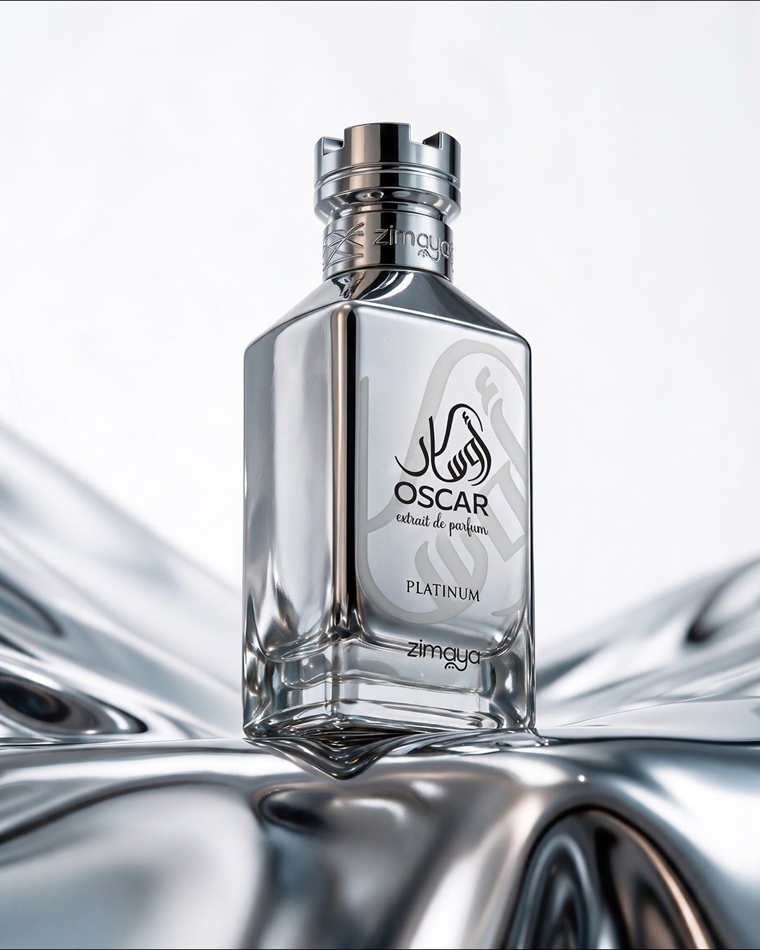 Oscar Platinum silver perfume bottle on reflective metallic fabric — AI perfume imagery by The Media Lab.