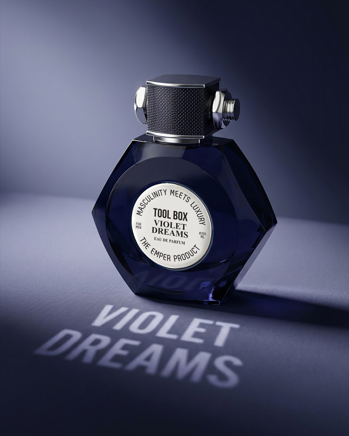 Emper Violet Dreams perfume with its name projected across a purple surface — AI perfume imagery by The Media Lab.