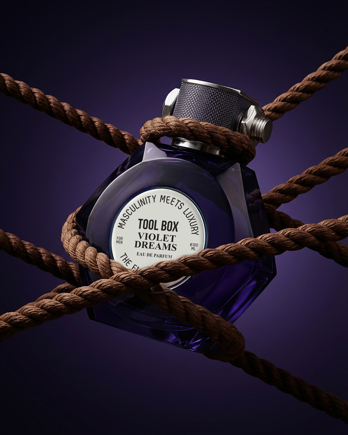 Emper Violet Dreams perfume suspended among twisted ropes against a deep purple background — AI perfume imagery by The Media Lab.