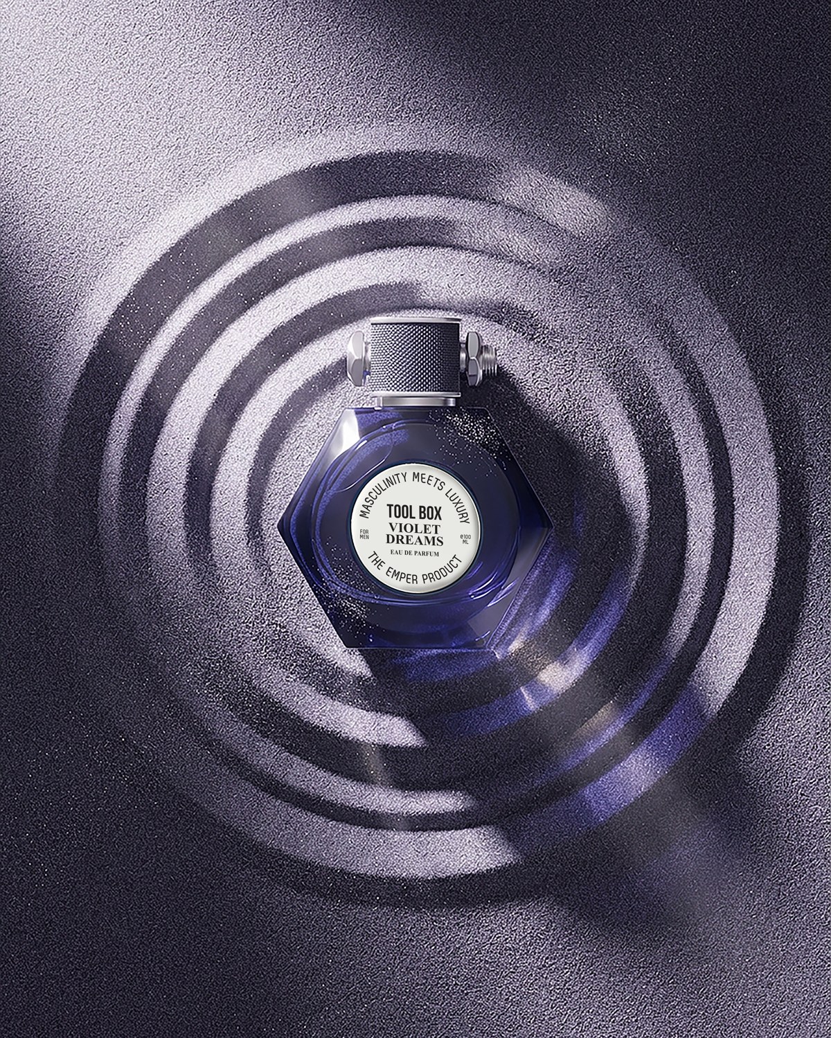 Emper Violet Dreams perfume centred within concentric purple rings — AI perfume imagery by The Media Lab.