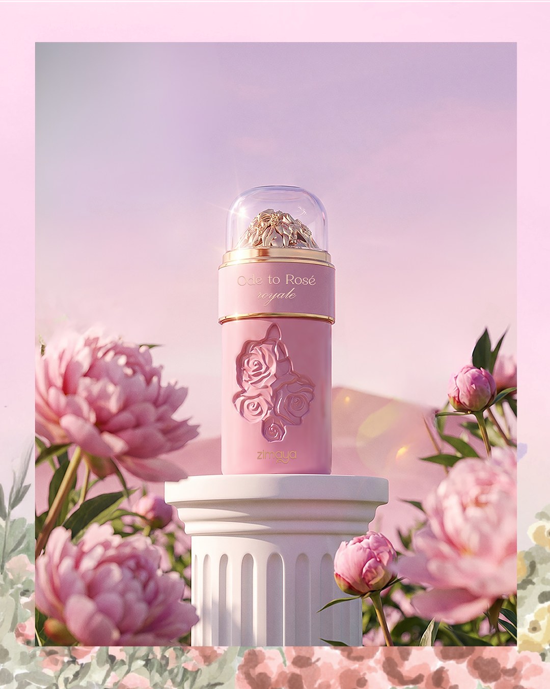 Pink Ode to Rose perfume on a fluted pedestal surrounded by flowers — AI perfume imagery by The Media Lab.