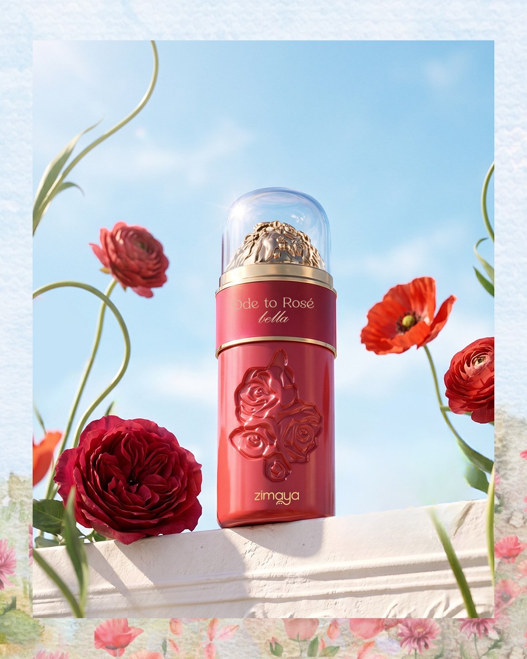 Red Ode to Rose perfume on a pale pedestal with roses against a blue sky — AI perfume imagery by The Media Lab.