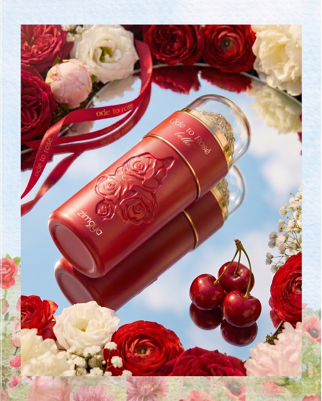 Red Ode to Rose perfume lying among red roses, white blossoms and cherries — AI perfume imagery by The Media Lab.