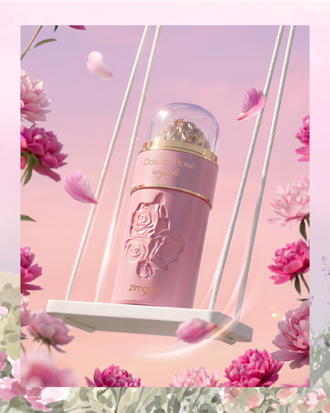 Pink Ode to Rose perfume on a swing surrounded by pink flowers — AI perfume imagery by The Media Lab.